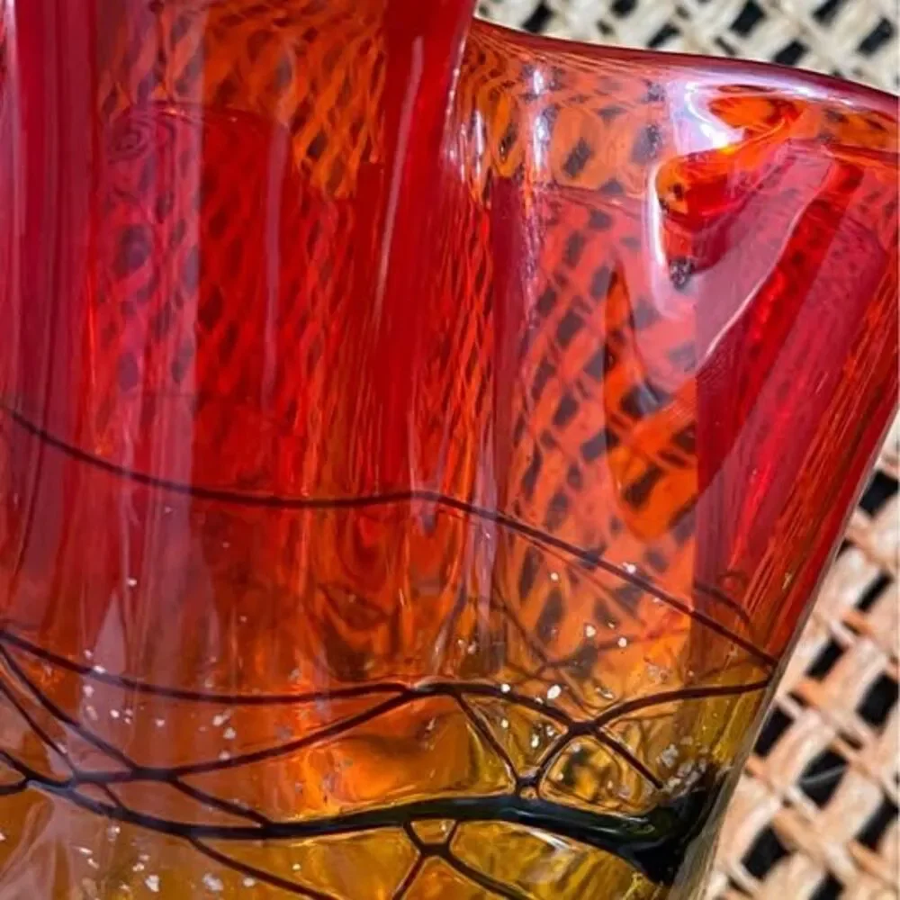Tangerine Red Flame Handkerchief Hand Blown Vase With Black Accents